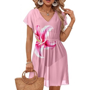Dokoto Womens V Neck Sheer Mesh Beach Bathing Suit Cover Up Bikini Dress(A-floral Pink)
