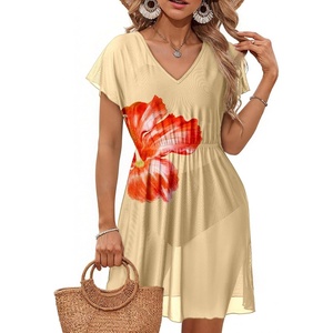 Dokoto Womens V Neck Sheer Mesh Beach Bathing Suit Cover Up Bikini Dress(A-floral Yellow)