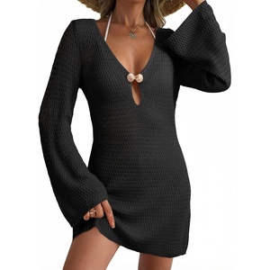 Dokotoo Beach Cover Ups for Women Sexy Deep V Neck Swimsuit Cover Up Dress(Black)