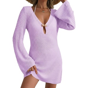Dokotoo Beach Cover Ups for Women Sexy Deep V Neck Swimsuit Cover Up Dress(Purple)