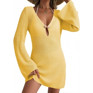 Dokotoo Beach Cover Ups for Women Sexy Deep V Neck Swimsuit Cover Up Dress(Yellow)