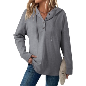 Dokotoo Hoodies for Women Long Sleeve Drawstring Button V Neck Fleece Casual Lightweight Pullover Sweatshirt Hooded Tops(Grey)