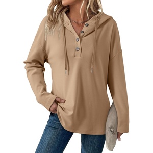 Dokotoo Hoodies for Women Long Sleeve Drawstring Button V Neck Fleece Casual Lightweight Pullover Sweatshirt Hooded Tops(Khaki)