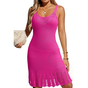 Dokotoo Swimsuit Coverup for Women Crochet Flowy Beach Dresses Bathing Suit Cover Up Cruise Outfits Resort Wear(Rose Red)
