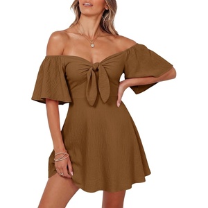 Dokotoo Womens Dresses 2026 Deep V Neck Elegant Bow tie Mini Dress S-XL(Brown)
