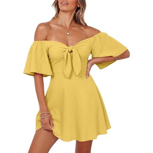 Dokotoo Womens Dresses 2026 Deep V Neck Elegant Bow tie Mini Dress S-XL(Yellow Cream)