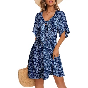 Dokotoo Womens Dresses 2026 Deep V Neck Elegant Bow tie Mini Dress S-XL(Z Blue)