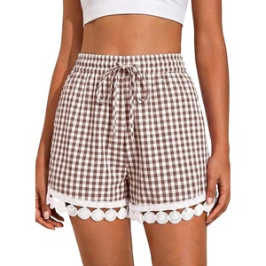 Dokotoo Womens Shorts Summer Elastic Waist Wide Leg Lace Beach Cover Ups(Brown Plaid)