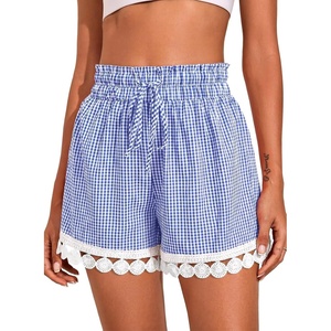 Dokotoo Womens Shorts Summer Elastic Waist Wide Leg Lace Beach Cover Ups(Dark Blue Plaid)