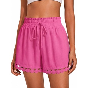 Dokotoo Womens Shorts Summer Elastic Waist Wide Leg Lace Beach Cover Ups(Rose Red)