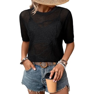 Dokotoo Womens Summer Short Sleeve Crochet Tops Hollow Out Floral Sweaters Beach Vacation Cruise Outfits(Black)