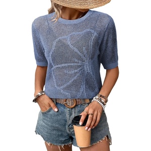 Dokotoo Womens Summer Short Sleeve Crochet Tops Hollow Out Floral Sweaters Beach Vacation Cruise Outfits(Blue)