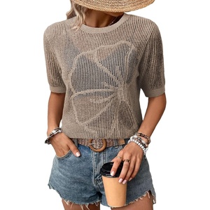 Dokotoo Womens Summer Short Sleeve Crochet Tops Hollow Out Floral Sweaters Beach Vacation Cruise Outfits(Brown)