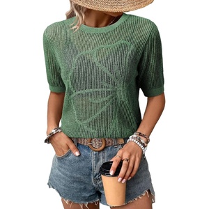 Dokotoo Womens Summer Short Sleeve Crochet Tops Hollow Out Floral Sweaters Beach Vacation Cruise Outfits(Green 2)