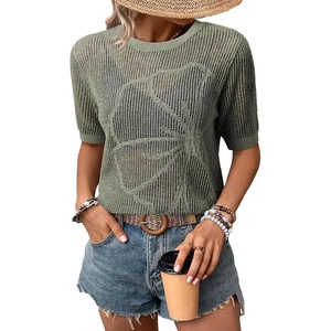 Dokotoo Womens Summer Short Sleeve Crochet Tops Hollow Out Floral Sweaters Beach Vacation Cruise Outfits(Green)