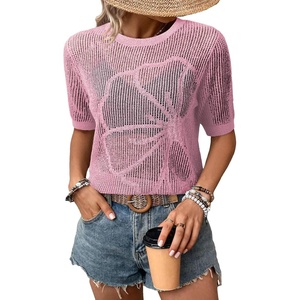Dokotoo Womens Summer Short Sleeve Crochet Tops Hollow Out Floral Sweaters Beach Vacation Cruise Outfits(Pink)