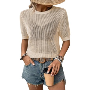 Dokotoo Womens Summer Short Sleeve Crochet Tops Hollow Out Floral Sweaters Beach Vacation Cruise Outfits(Solid Apricot)