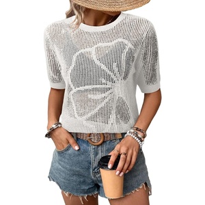 Dokotoo Womens Summer Short Sleeve Crochet Tops Hollow Out Floral Sweaters Beach Vacation Cruise Outfits(White)