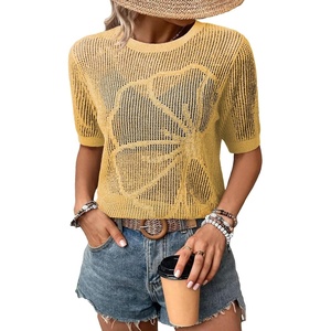 Dokotoo Womens Summer Short Sleeve Crochet Tops Hollow Out Floral Sweaters Beach Vacation Cruise Outfits(Yellow)