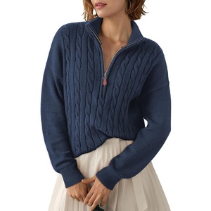 Dokotoo Women’s Sweaters 2026 Fall Winter Quarter Zip Ribbed Cable Knit(Navy Blue)