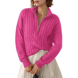 Dokotoo Women’s Sweaters 2026 Fall Winter Quarter Zip Ribbed Cable Knit(Rose Red)