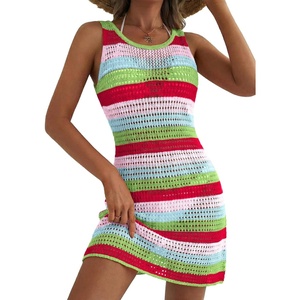 Dokotoo Women’s Swimsuit Cover up Crochet Beach Floral Hollow Slit Dresses(Green Stripe)