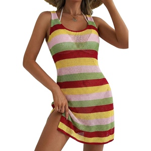 Dokotoo Women’s Swimsuit Cover up Crochet Beach Floral Hollow Slit Dresses(Red Stripe)